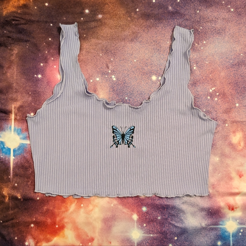 🦋 Lavender Lettuce Cut Crop Top with Blue Butterfly Size Medium